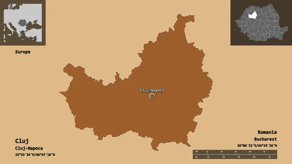 克洛伊的形状 罗马尼亚的县 及其首都 距离刻度 预览和标签 有规律的纹理的组成 3D渲染 — 图库照片