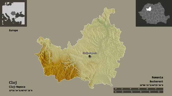 克洛伊的形状 罗马尼亚的县 及其首都 距离刻度 预览和标签 地形浮雕图 3D渲染 — 图库照片