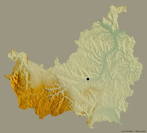 罗马尼亚克洛伊县的形状 其首府被隔离在一个坚实的色彩背景上 地形浮雕图 3D渲染 — 图库照片