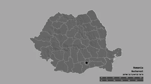 Romanias Desaturerte Form Med Hovedstad Viktigste Regionale Inndeling Det Atskilte – stockfoto