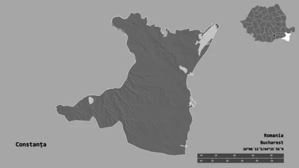 君士坦塔的形状 罗马尼亚的县 其首都孤立的坚实的背景 距离尺度 区域预览和标签 Bilevel高程图 3D渲染 — 图库照片