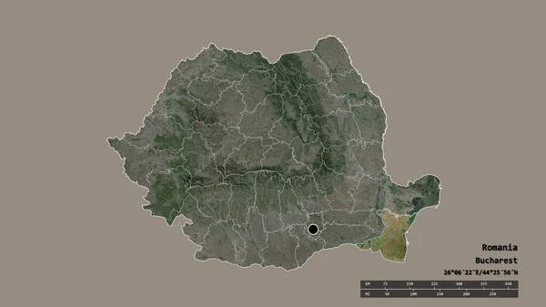 以首都 主要区域分部和分离的君士坦塔地区为首都的罗马尼亚的绝望面貌 卫星图像 3D渲染 — 图库照片