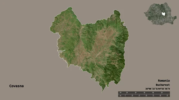 罗马尼亚科瓦斯纳县的形状 其首都在坚实的背景下与世隔绝 距离尺度 区域预览和标签 卫星图像 3D渲染 — 图库照片