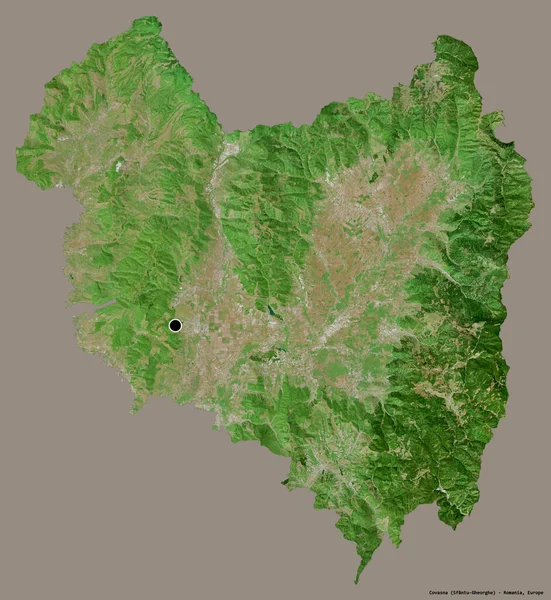 罗马尼亚科瓦斯纳县的形状 其首都以纯色背景隔离 卫星图像 3D渲染 — 图库照片