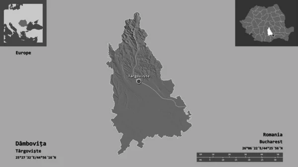 Shape Dambovita County Romania Its Capital Distance Scale Previews Labels — Stock Photo, Image