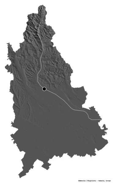 ルーマニアの郡であるダンボヴィータの形で 首都は白い背景に孤立している 標高マップ 3Dレンダリング — ストック写真
