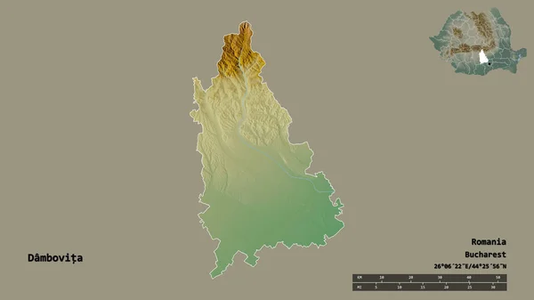 ルーマニアの郡であるダンボヴィータの形で その首都はしっかりとした背景に隔離されています 距離スケール リージョンプレビュー およびラベル 地形図 3Dレンダリング — ストック写真