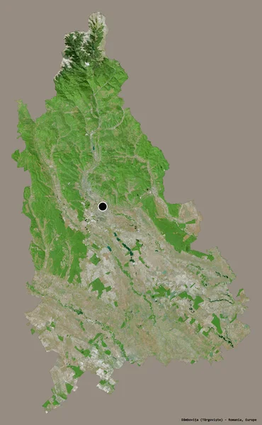 ルーマニアの郡であるダンボヴィータの形で その首都はしっかりした色の背景に隔離されています 衛星画像 3Dレンダリング — ストック写真