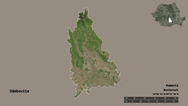 达博维塔的形状 罗马尼亚县 其首都孤立的坚实的背景 距离尺度 区域预览和标签 卫星图像 3D渲染 — 图库照片
