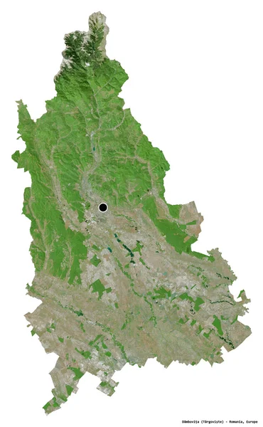 ルーマニアの郡であるダンボヴィータの形で 首都は白い背景に孤立している 衛星画像 3Dレンダリング — ストック写真