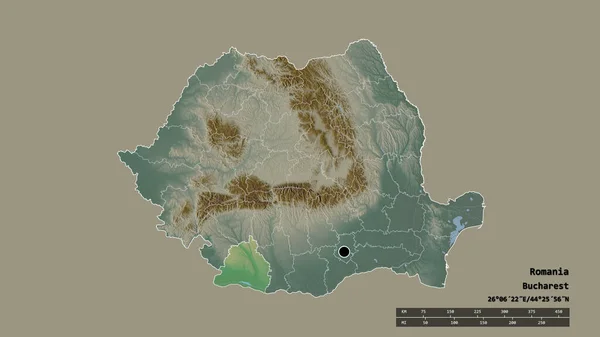 主要な地域部門と分離ドルジ地域とルーマニアの荒廃した形 ラベル 地形図 3Dレンダリング — ストック写真