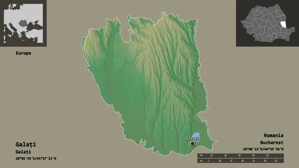 加拉蒂的形状 罗马尼亚的县城 距离刻度 预览和标签 地形浮雕图 3D渲染 — 图库照片