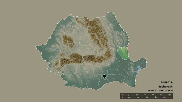 以首都 主要区域分部和分离的加拉提地区为首都的罗马尼亚的绝望面貌 地形浮雕图 3D渲染 — 图库照片