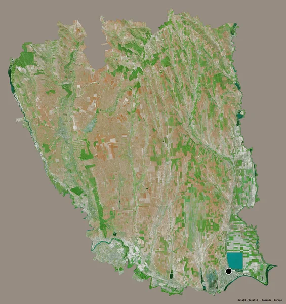 ルーマニアの郡であるガラティの形で その首都はしっかりとした色の背景に隔離されています 衛星画像 3Dレンダリング — ストック写真