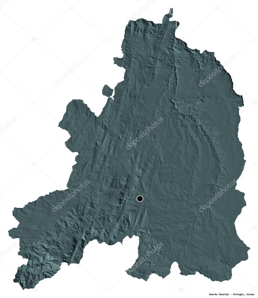 Shape of Guarda, district of Portugal, with its capital isolated on white background. Colored elevation map. 3D rendering