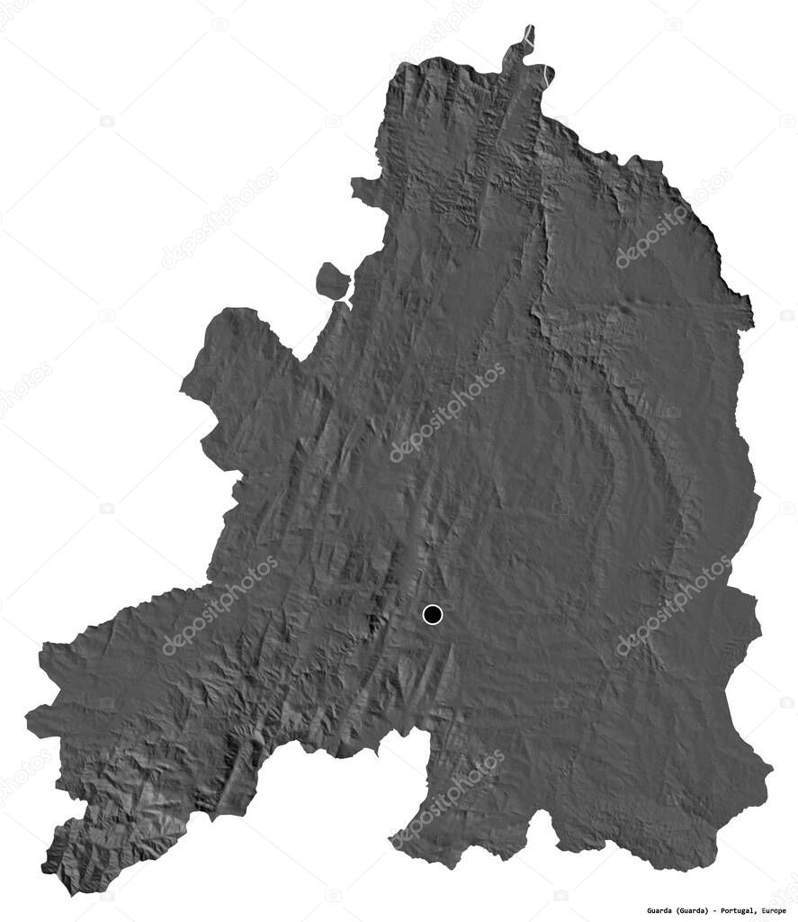 Shape of Guarda, district of Portugal, with its capital isolated on white background. Bilevel elevation map. 3D rendering