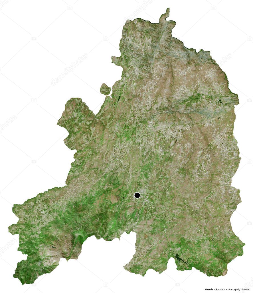 Shape of Guarda, district of Portugal, with its capital isolated on white background. Satellite imagery. 3D rendering