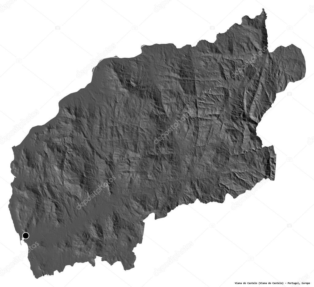 Shape of Viana do Castelo, district of Portugal, with its capital isolated on white background. Bilevel elevation map. 3D rendering