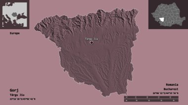 Romanya 'nın Gorj ilçesi ve başkenti. Uzaklık ölçeği, ön gösterimler ve etiketler. Renkli yükseklik haritası. 3B görüntüleme