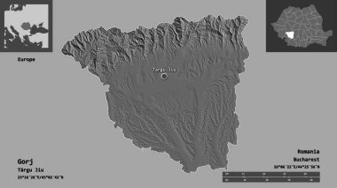 Romanya 'nın Gorj ilçesi ve başkenti. Uzaklık ölçeği, ön gösterimler ve etiketler. Çift seviyeli yükseklik haritası. 3B görüntüleme