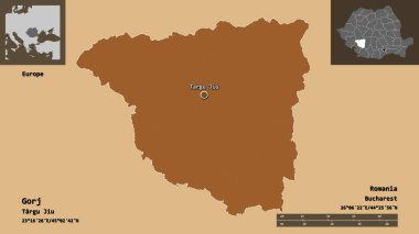 Romanya 'nın Gorj ilçesi ve başkenti. Uzaklık ölçeği, ön gösterimler ve etiketler. Düzenli desenli dokuların bileşimi. 3B görüntüleme