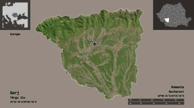 Romanya 'nın Gorj ilçesi ve başkenti. Uzaklık ölçeği, ön gösterimler ve etiketler. Uydu görüntüleri. 3B görüntüleme