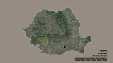 Romanya 'nın başkenti, ana bölgesel bölünmesi ve bölünmüş Gorj bölgesiyle deforme olmuş hali. Etiketler. Uydu görüntüleri. 3B görüntüleme