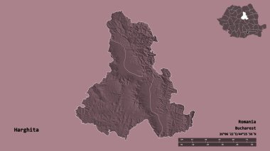 Romanya 'nın Harghita ilçesinin başkenti sağlam bir zemin üzerinde izole edilmiştir. Uzaklık ölçeği, bölge önizlemesi ve etiketleri. Renkli yükseklik haritası. 3B görüntüleme