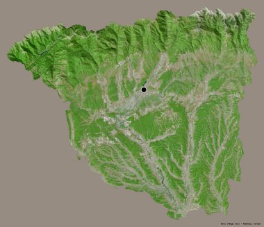 Romanya 'nın Gorj ilçesi, başkenti katı renk arka planına izole edilmiş durumda. Uydu görüntüleri. 3B görüntüleme