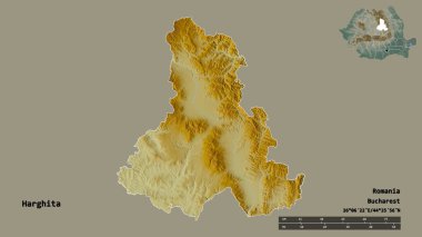 Romanya 'nın Harghita ilçesinin başkenti sağlam bir zemin üzerinde izole edilmiştir. Uzaklık ölçeği, bölge önizlemesi ve etiketleri. Topografik yardım haritası. 3B görüntüleme