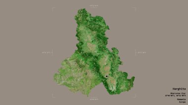Romanya 'nın Harghita ilçesi, jeoreferatlı bir sınır kutusunun sağlam bir arka planında izole edilmiş. Etiketler. Uydu görüntüleri. 3B görüntüleme