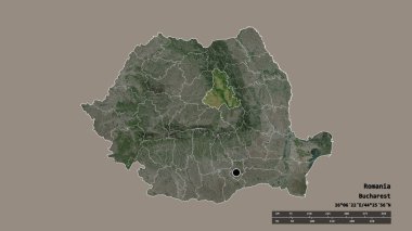 Romanya 'nın başkenti, ana bölgesel bölünmesi ve ayrılmış Harghita bölgesiyle deforme olmuş hali. Etiketler. Uydu görüntüleri. 3B görüntüleme