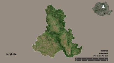 Romanya 'nın Harghita ilçesinin başkenti sağlam bir zemin üzerinde izole edilmiştir. Uzaklık ölçeği, bölge önizlemesi ve etiketleri. Uydu görüntüleri. 3B görüntüleme