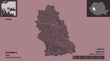 Romanya 'nın Hunedoara ilçesi ve başkenti. Uzaklık ölçeği, ön gösterimler ve etiketler. Renkli yükseklik haritası. 3B görüntüleme