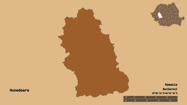 Romanya 'nın Hunedoara ilçesinin başkenti sağlam bir zemin üzerinde izole edilmiştir. Uzaklık ölçeği, bölge önizlemesi ve etiketleri. Düzenli desenli dokuların bileşimi. 3B görüntüleme