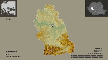 Romanya 'nın Hunedoara ilçesi ve başkenti. Uzaklık ölçeği, ön gösterimler ve etiketler. Topografik yardım haritası. 3B görüntüleme
