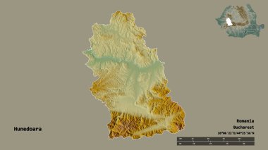 Romanya 'nın Hunedoara ilçesinin başkenti sağlam bir zemin üzerinde izole edilmiştir. Uzaklık ölçeği, bölge önizlemesi ve etiketleri. Topografik yardım haritası. 3B görüntüleme