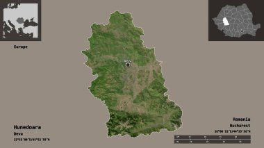 Romanya 'nın Hunedoara ilçesi ve başkenti. Uzaklık ölçeği, ön gösterimler ve etiketler. Uydu görüntüleri. 3B görüntüleme