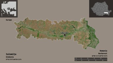 Romanya 'nın Ialomita ilçesi ve başkenti. Uzaklık ölçeği, ön gösterimler ve etiketler. Uydu görüntüleri. 3B görüntüleme