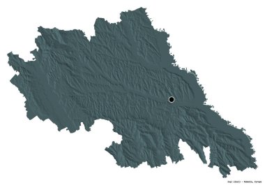 Romanya 'nın Iasi ilçesi, başkenti beyaz arka planda izole edilmiş. Renkli yükseklik haritası. 3B görüntüleme