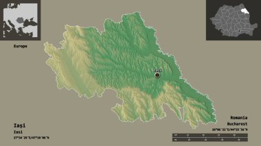 Romanya 'nın Iasi ilçesi ve başkenti. Uzaklık ölçeği, ön gösterimler ve etiketler. Topografik yardım haritası. 3B görüntüleme