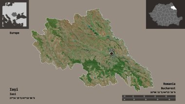 Romanya 'nın Iasi ilçesi ve başkenti. Uzaklık ölçeği, ön gösterimler ve etiketler. Uydu görüntüleri. 3B görüntüleme