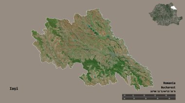 Romanya 'nın Iasi ilçesi, başkenti sağlam bir zemin üzerinde izole edilmiş. Uzaklık ölçeği, bölge önizlemesi ve etiketleri. Uydu görüntüleri. 3B görüntüleme