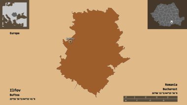 Romanya 'nın Ilfov ilçesi ve başkenti. Uzaklık ölçeği, ön gösterimler ve etiketler. Düzenli desenli dokuların bileşimi. 3B görüntüleme