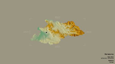 Romanya 'nın Maramures ilçesi, jeoreferatlı bir sınır kutusunun sağlam bir arka planında izole edilmiş. Etiketler. Topografik yardım haritası. 3B görüntüleme