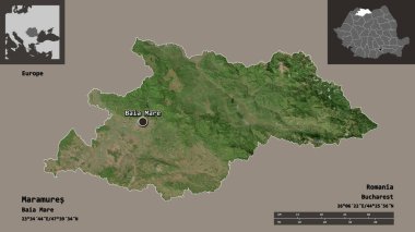 Maramures Şekli, Romanya Bölgesi ve başkenti. Uzaklık ölçeği, ön gösterimler ve etiketler. Uydu görüntüleri. 3B görüntüleme