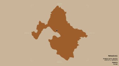 Romanya 'nın Mehedinti ilçesi, jeoreferatlı bir sınır kutusunun sağlam bir arka planında izole edilmiş durumda. Etiketler. Desenli dokuların bileşimi. 3B görüntüleme