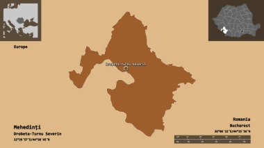 Romanya 'nın Mehedinti ilçesi ve başkenti. Uzaklık ölçeği, ön gösterimler ve etiketler. Düzenli desenli dokuların bileşimi. 3B görüntüleme