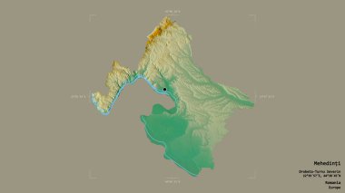 Romanya 'nın Mehedinti ilçesi, jeoreferatlı bir sınır kutusunun sağlam bir arka planında izole edilmiş durumda. Etiketler. Topografik yardım haritası. 3B görüntüleme