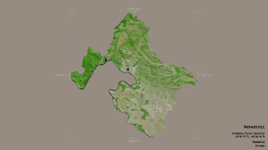 Romanya 'nın Mehedinti ilçesi, jeoreferatlı bir sınır kutusunun sağlam bir arka planında izole edilmiş durumda. Etiketler. Uydu görüntüleri. 3B görüntüleme